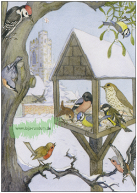Vögel am winterlichen Futterhaus Nr.331 – Taurus Kunstkarten