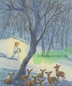 Rehe bestaunen ein Kind mit Laterne – Taurus Kunstkarten