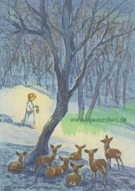 Rehe bestaunen ein Kind mit Laterne – Taurus Kunstkarten